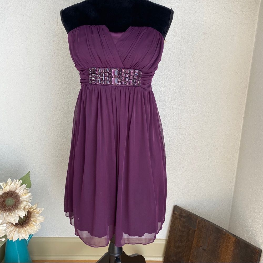 Jeweled Plumb Strapless Formal Dress